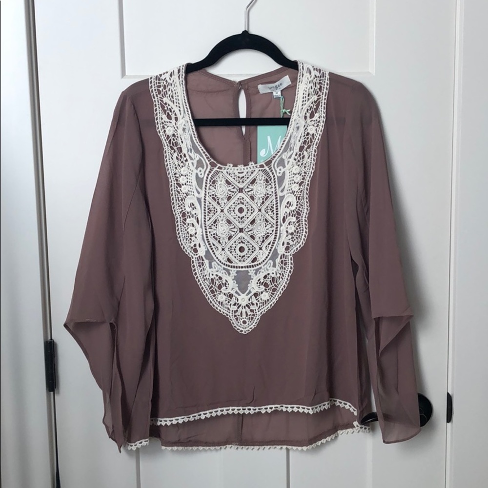 NWT Umgee Boho Crochet Lace Taupe Blouse